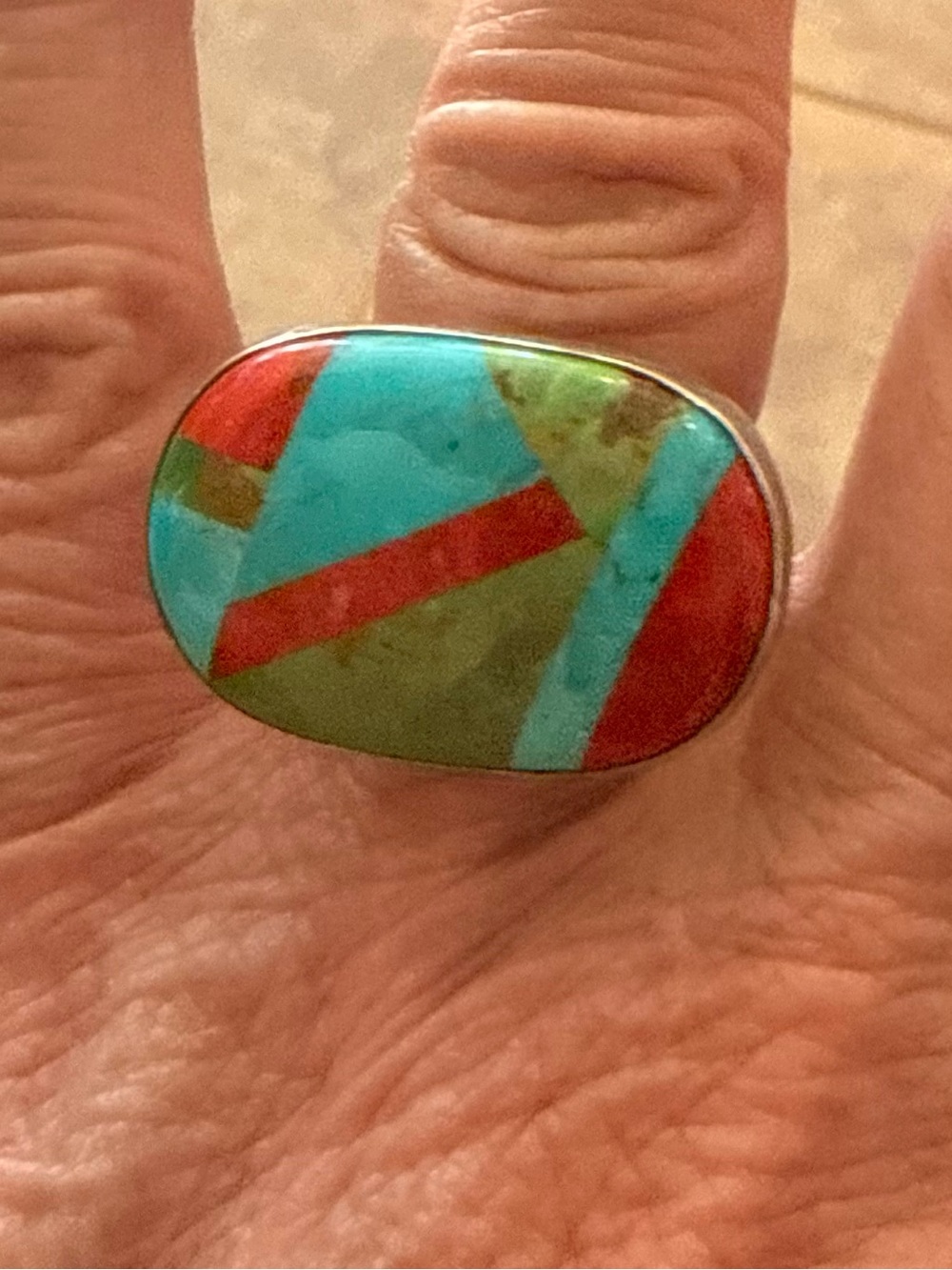 Jay King 
Turquoise, Red & Green Inlay Oval Statement Ring